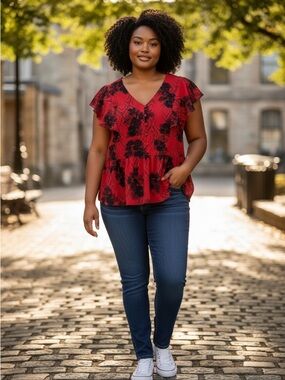 Michel Studio Red Floral Ruffle Sleeve Peplum Blouse Size 20 - Plus size